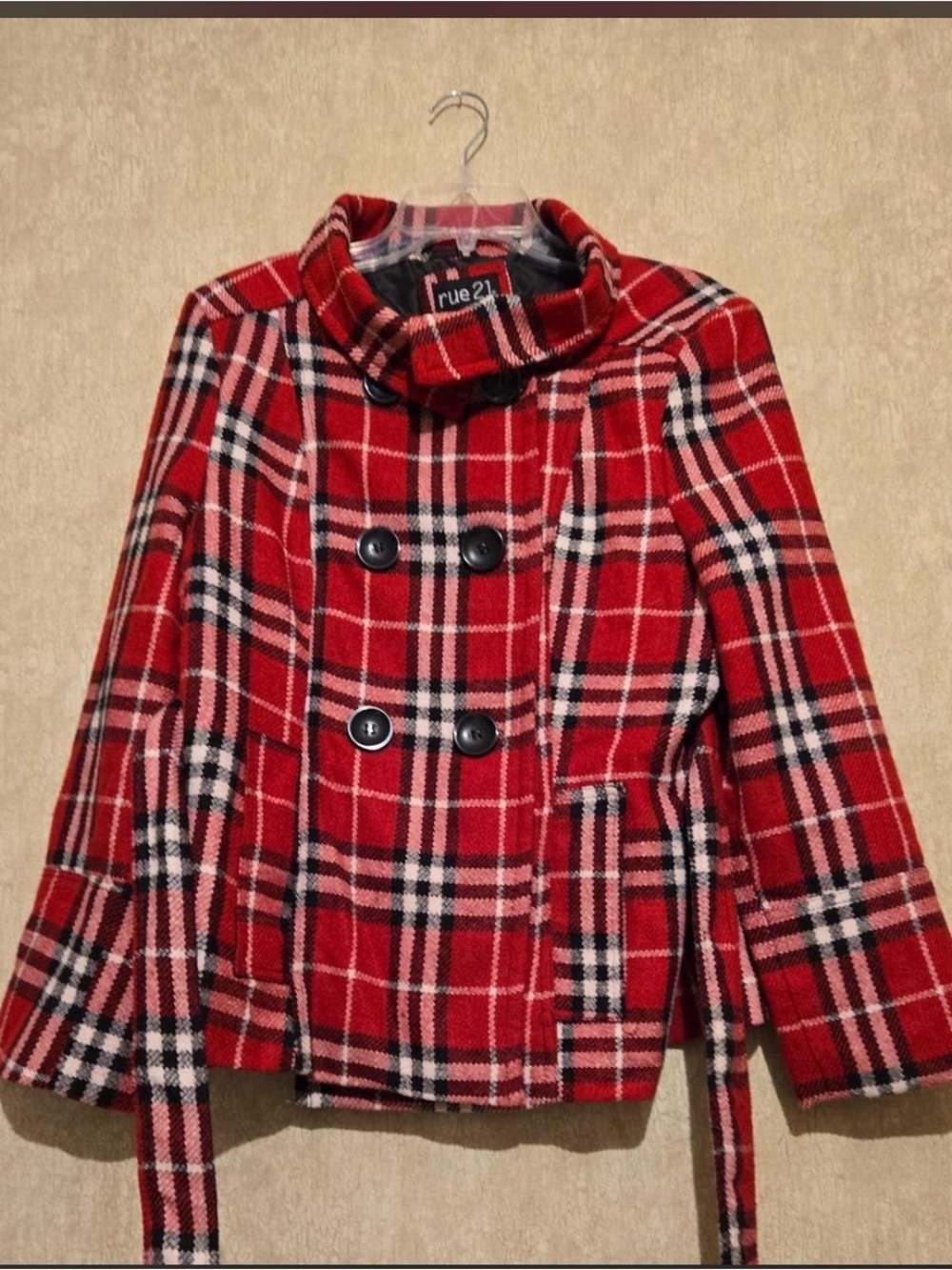Rue21 Red Plaid Double-Breasted Peacoat